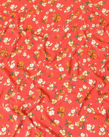 Scarlet red premium pure silk crepe fabric with beige, forest green and mustard yellow print in floral design-D9398 Regal Fabrics
