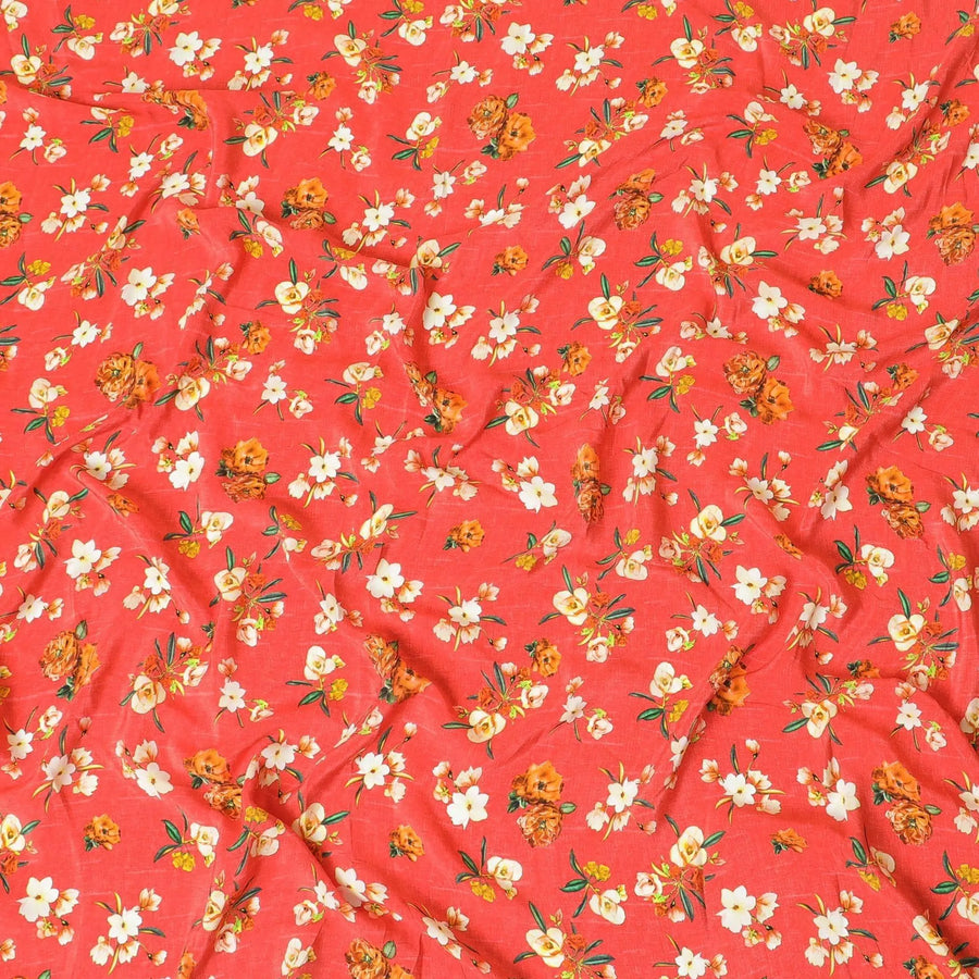 Scarlet red premium pure silk crepe fabric with beige, forest green and mustard yellow print in floral design-D9398 Regal Fabrics