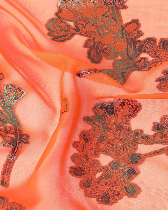 قماش شيفون حريري خالص برتقالي فاخر مع لوركس معدني متعدد الألوان بتصميم زهور -D9661