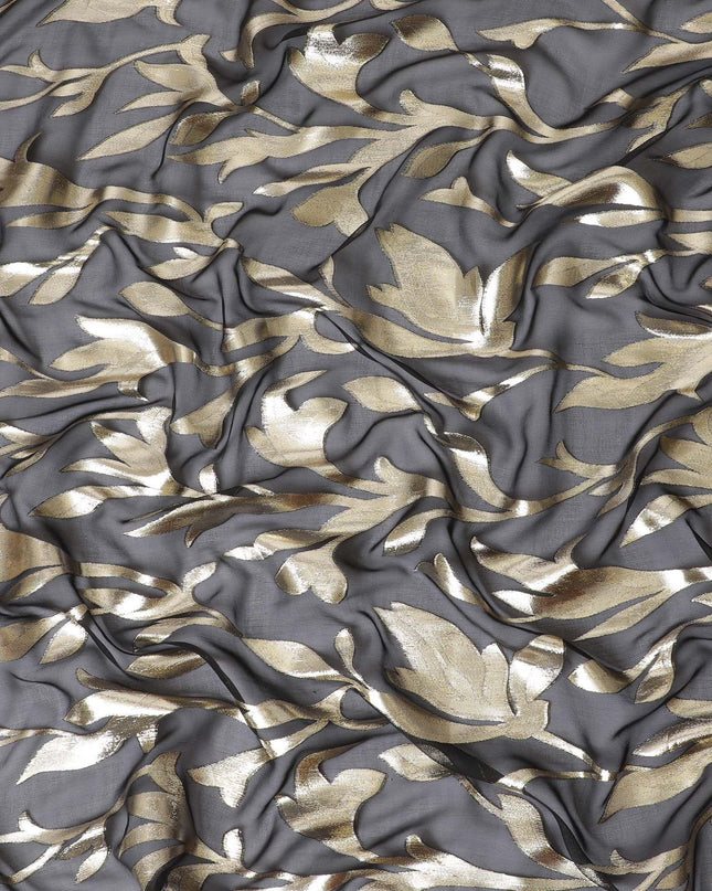 Black Premium pure silk chiffon with gold metallic lurex in Leaf design-D11358