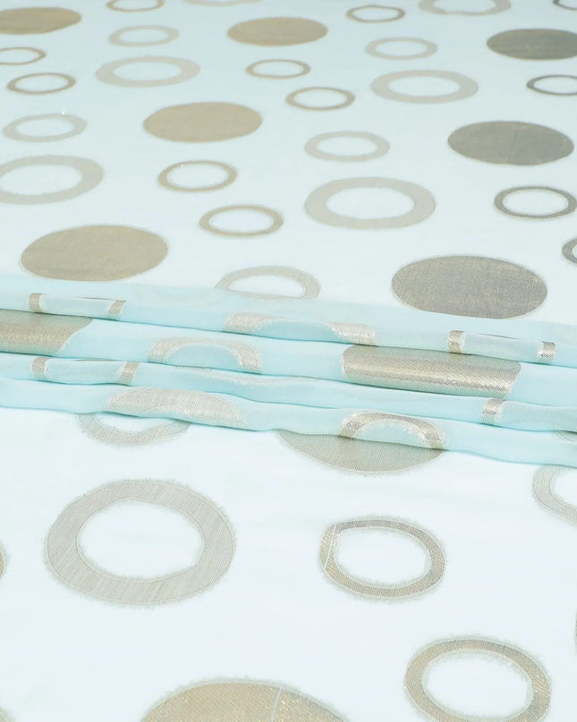 Sky blue synthetic chiffon fabric with gold metallic lurex in Abstract design-D8422 Regal Fabrics