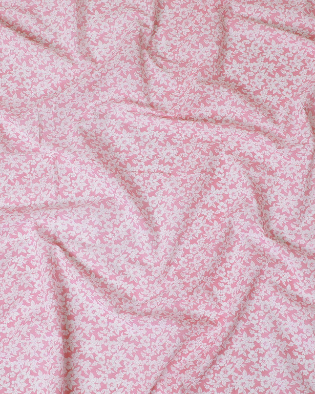 Baby pink cotton voile fabric with white print in floral design-D15055