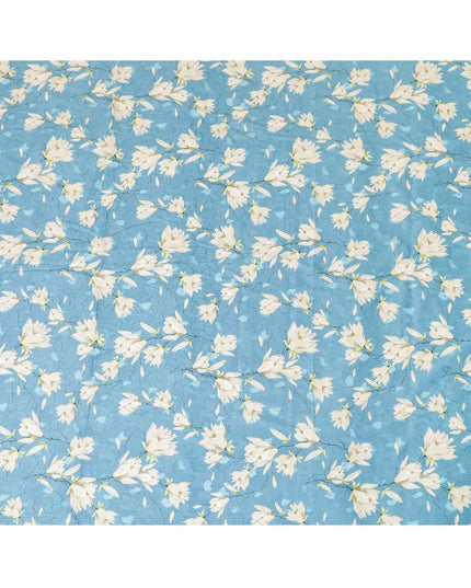 قماش الفوال القطني الأوراجيري الأزرق السيرولي مع جاكار بنفس اللون مع طباعة باللون البيج والرمادي النهري اللؤلؤي والأزرق البترولي بتصميم الأزهار-D7324