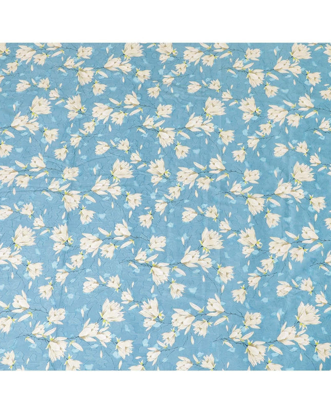 قماش الفوال القطني الأوراجيري الأزرق السيرولي مع جاكار بنفس اللون مع طباعة باللون البيج والرمادي النهري اللؤلؤي والأزرق البترولي بتصميم الأزهار-D7324