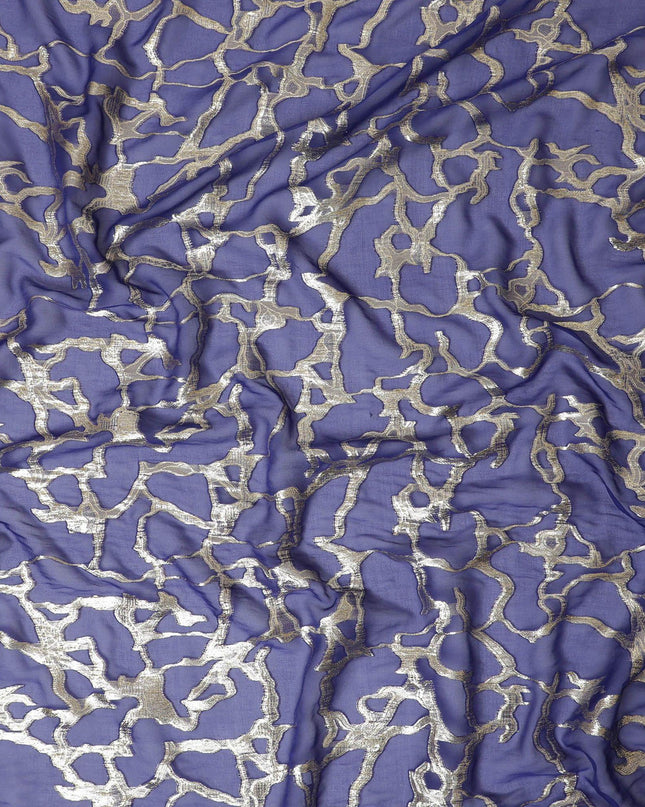 قماش شيفون من الحرير الخالص باللون الأزرق الملكي مع لوريكس معدني ذهبي بتصميم تجريدي -D13195