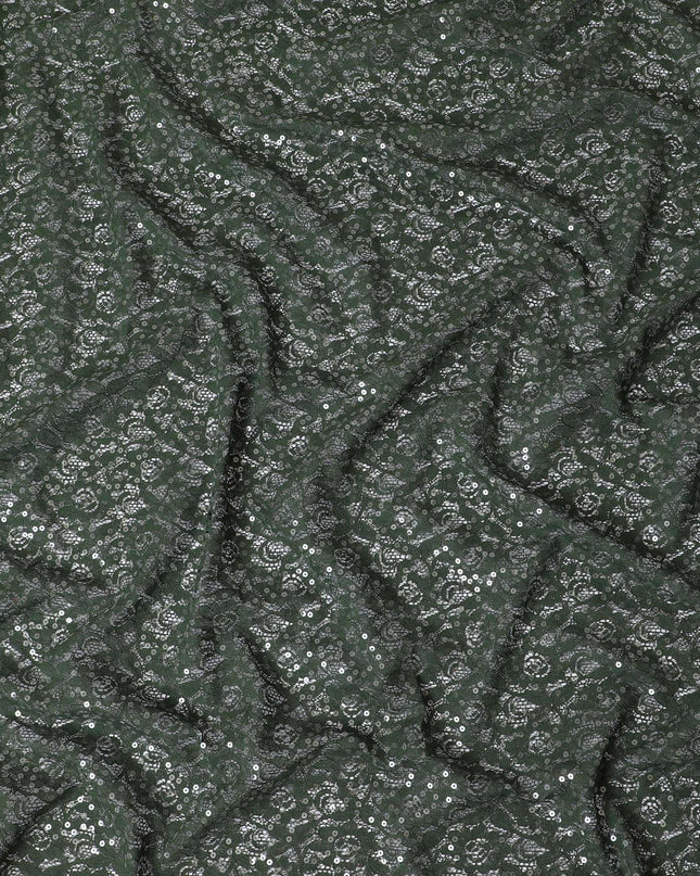 Hunter green guipure lace fabric with same tone embroidery having sequins in floral design-D11793
