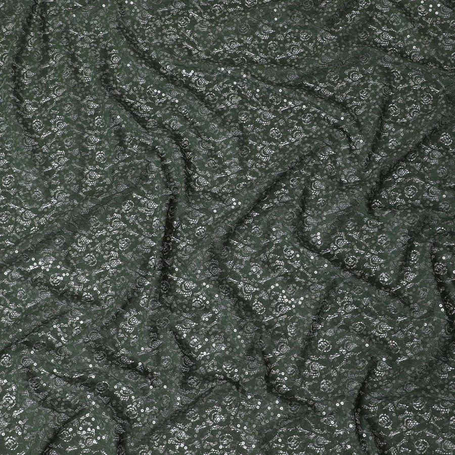 Hunter green guipure lace fabric with same tone embroidery having sequins in floral design-D11793
