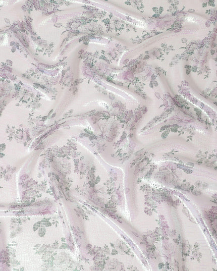 قماش شيفون من الحرير الخالص باللون الأبيض الفاتح مع طباعة متعددة الألوان مع لوريكس معدني أخضر نيون بتصميم الأزهار-D15465