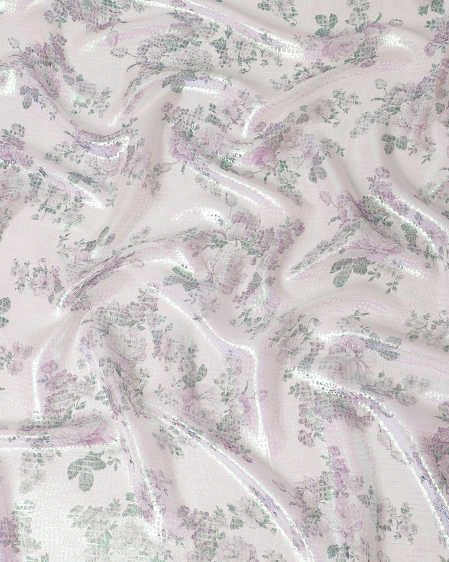 قماش شيفون من الحرير الخالص باللون الأبيض الفاتح مع طباعة متعددة الألوان مع لوريكس معدني أخضر نيون بتصميم الأزهار-D15465