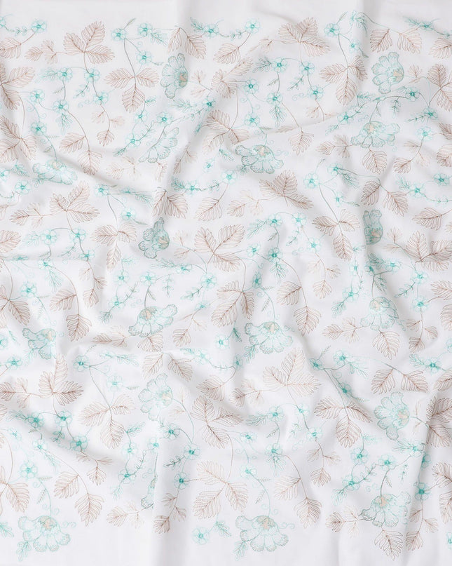 قماش فوال من القطن الخالص الأبيض الفاخر مع تطريز باللونين البني والأخضر الفيروزي بتصميم الأزهار-D15232