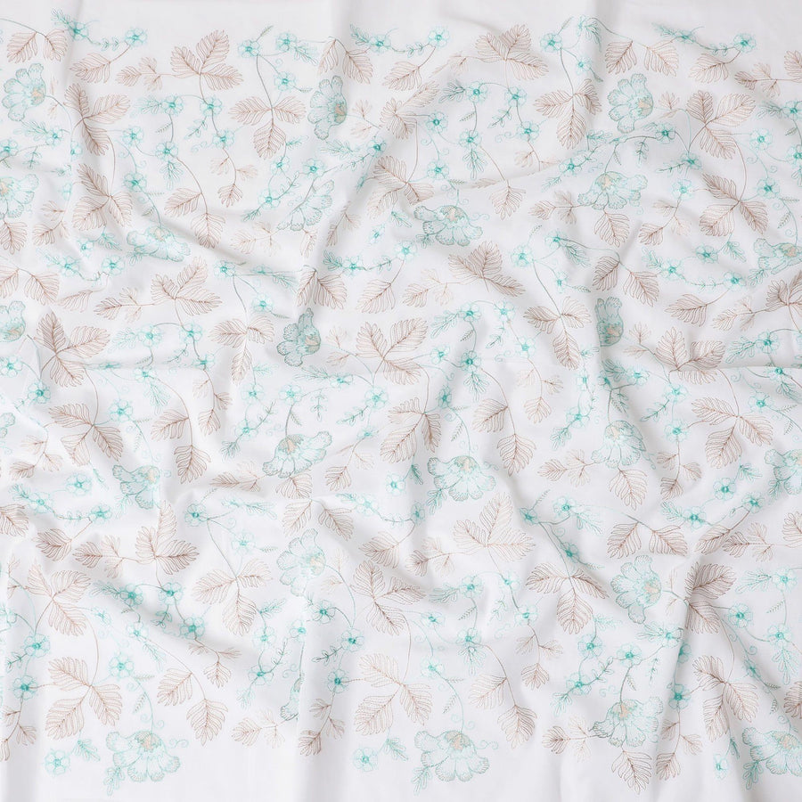 White Premium pure cotton voile fabric with brown and turquoise green embroidery in floral design-D15232