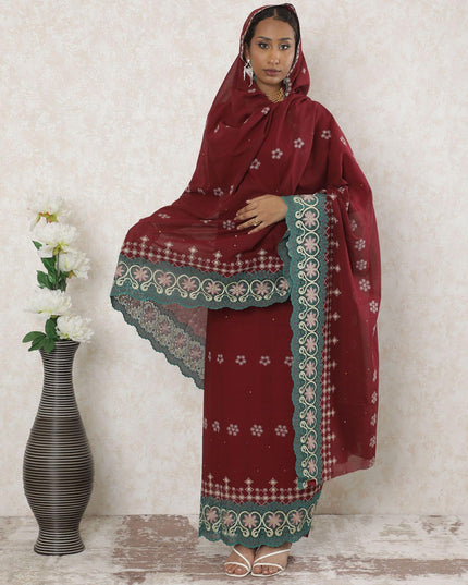 Marron Premium pure Swiss cotton voile thobe with same tone, gold and jade green embroidery having stone work in floral design-D14347