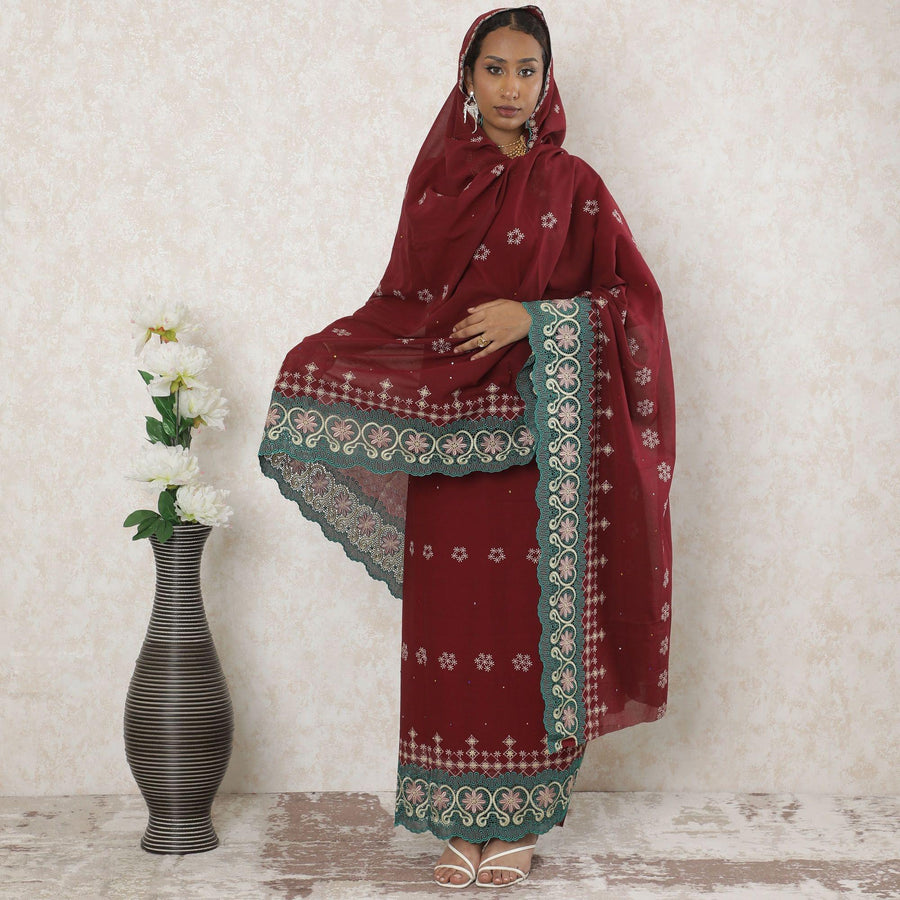 Marron Premium pure Swiss cotton voile thobe with same tone, gold and jade green embroidery having stone work in floral design-D14347