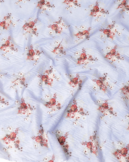 Blizzard blue cotton voile fabric with same tone embroidery having bieg, maroon and brown print in floral design-D6803