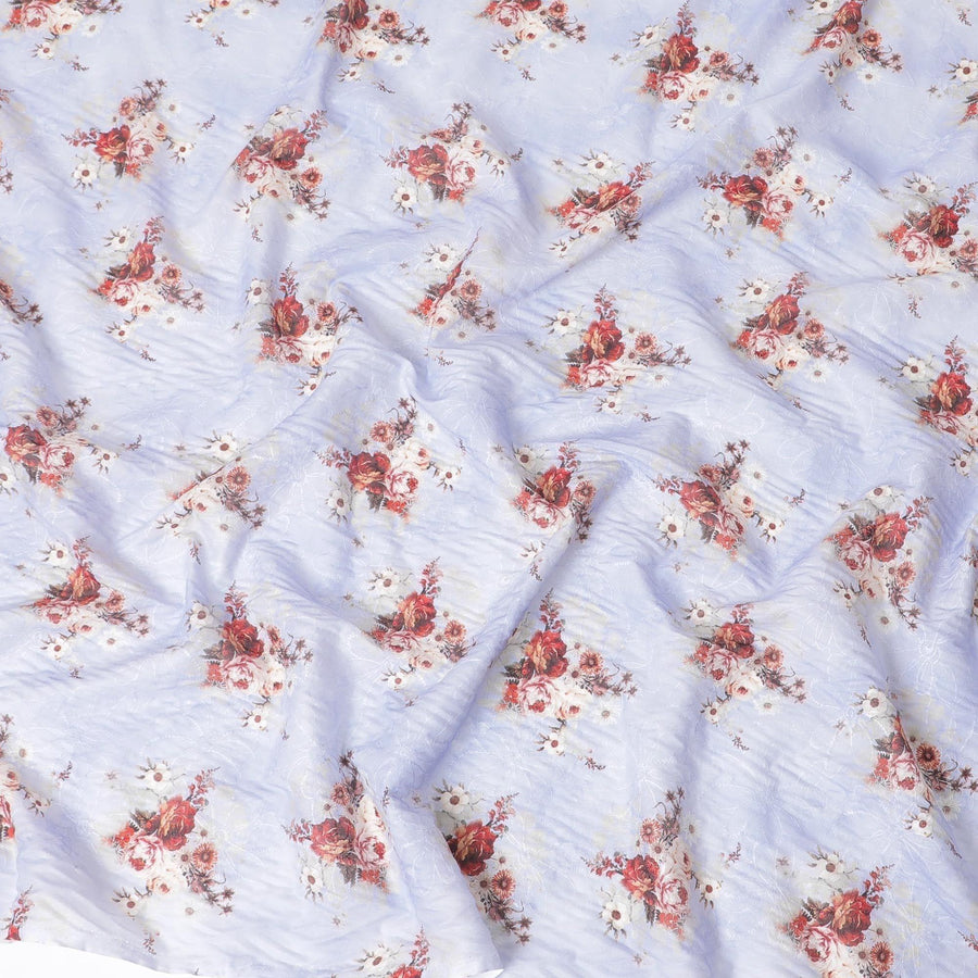 Blizzard blue cotton voile fabric with same tone embroidery having bieg, maroon and brown print in floral design-D6803