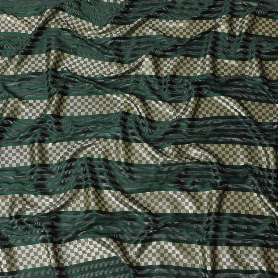 Bottle green synthetic crepe fabric with gold metallic lurex weave in stripe design-D15382 Regal Fabrics