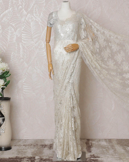 Off white, light gold Premium pure French metallic chantilly lace saree having stone work in floral design-D14588 Regal Fabrics