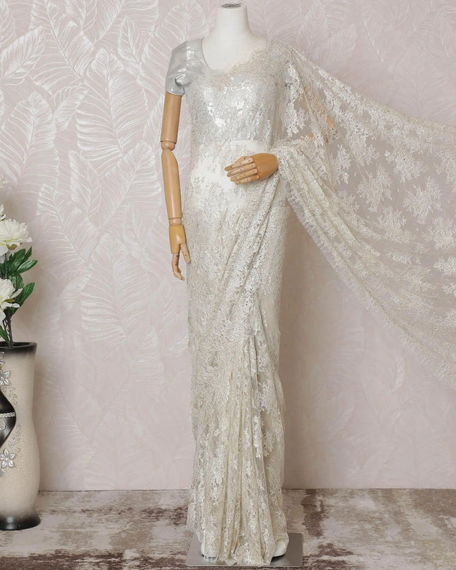 Off white, light gold Premium pure French metallic chantilly lace saree having stone work in floral design-D14588 Regal Fabrics