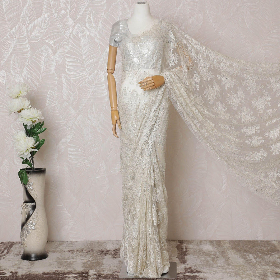 Off white, light gold Premium pure French metallic chantilly lace saree having stone work in floral design-D14588 Regal Fabrics