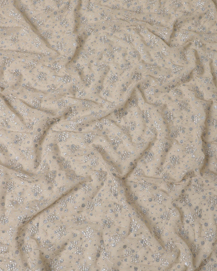 Parmesan Beige fabric with beige embroidery and silver glitters in floral design