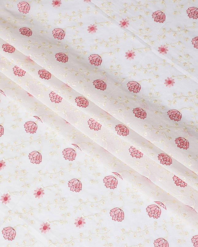 Off white cotton voile fabric with beige and baby pink embroidery in floral design-D11939