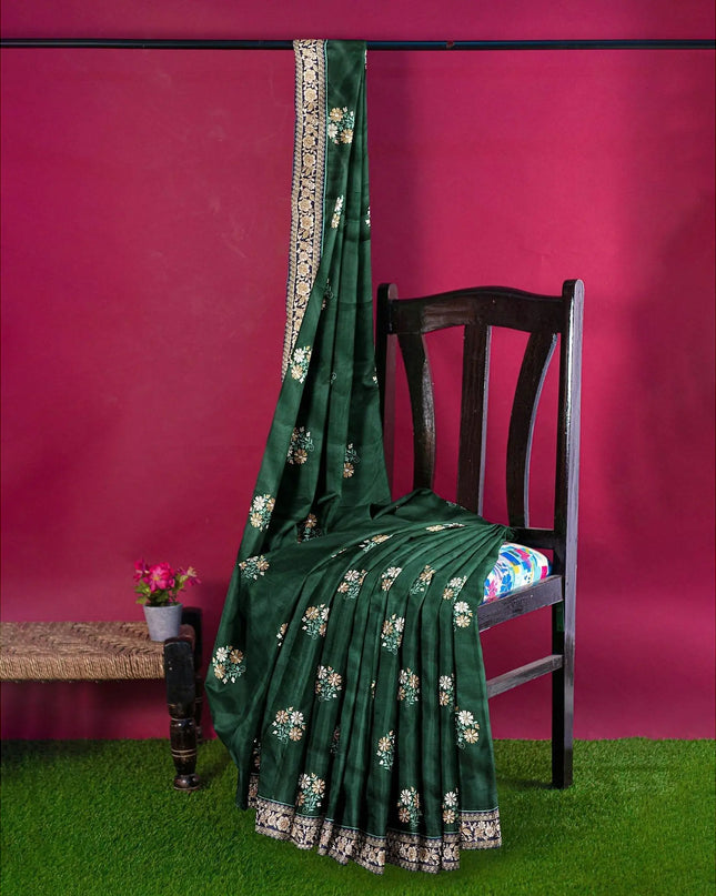 Pine green synthetic tusser fabric with multi colour embroidery in floral design. Blouse piece in same colour-D12745 Regal Fabrics