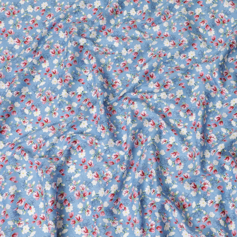 قماش فوال قطن أوراغيري باللون الأزرق من Air Force مع جاكار بنفس اللون مع طباعة متعددة الألوان بتصميم زهور-D10067