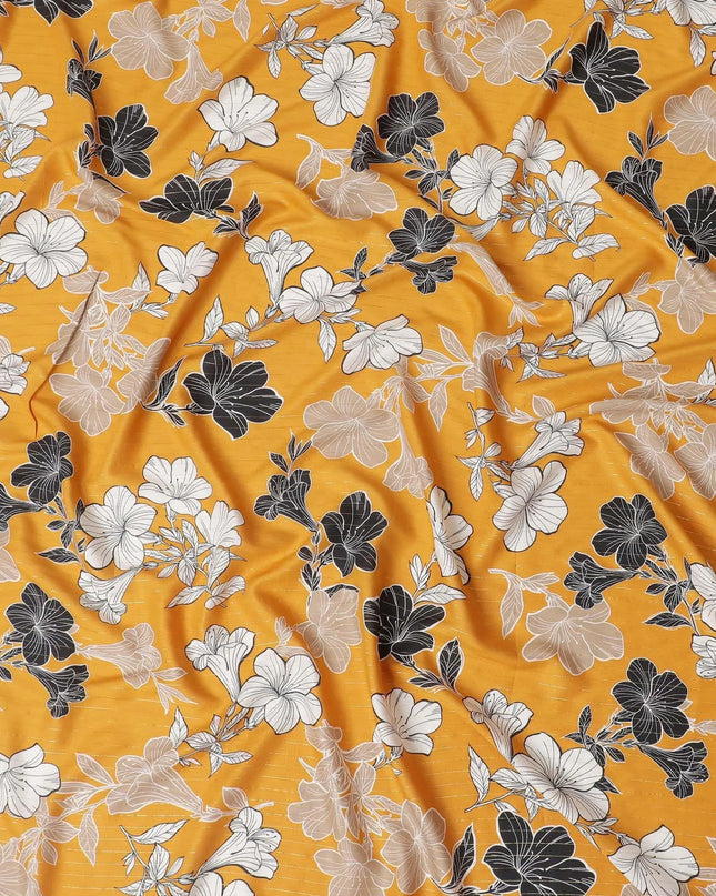 Mustard viscose printed fabric with multi colour prints in floral design-D11161 Regal Fabrics