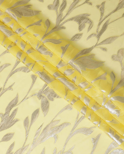 شيفون من الحرير الخالص الفاخر باللون الأصفر الجبني مع لوريكس معدني ذهبي بتصميم أوراق الشجر -D11360