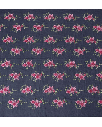 Navy blue Premium pure cotton voile fabric with brick pink, sage green and beige embroidery in floral design-D15243