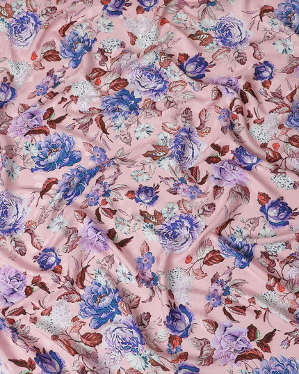 Light salmon pink premium pure Italian silk satin fabric with multicolor print in floral design-D13738
