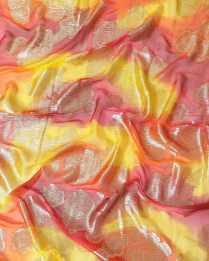 قماش شيفون حريري فرنسي (فرنساوي) فاخر متعدد الألوان مع لوركس معدني ذهبي بتصميم زهور-D14013