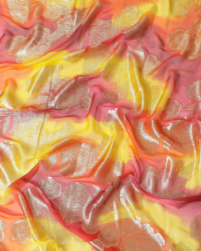 قماش شيفون حريري فرنسي (فرنساوي) فاخر متعدد الألوان مع لوركس معدني ذهبي بتصميم زهور-D14013