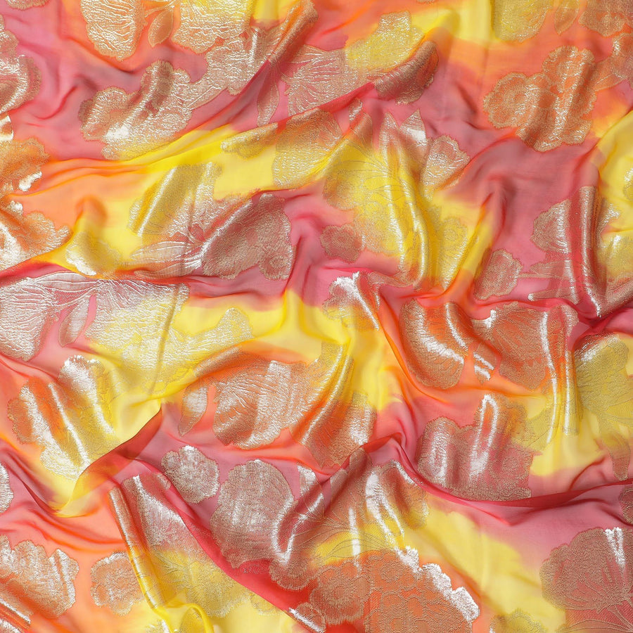 قماش شيفون حريري فرنسي (فرنساوي) فاخر متعدد الألوان مع لوركس معدني ذهبي بتصميم زهور-D14013
