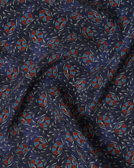 Indigo blue Premium pure silk crepe fabric with beige, blue and print in floral design-D13856