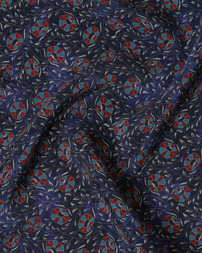 Indigo blue Premium pure silk crepe fabric with beige, blue and print in floral design-D13856