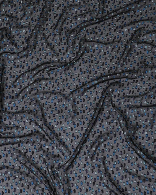 قماش شيفون حريري فرنسي (فرنساوي) فاخر باللون الأزرق الداكن مع فسكوز أخضر مخضر وأزرق وأرجواني بتصميم منقط-D14223