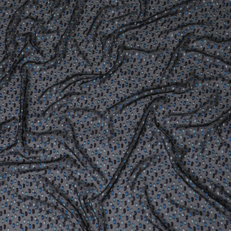 Dark navy blue premium pure French (Fransawi) silk chiffon fabric with teal green, blue and purple viscose in dot design-D14223