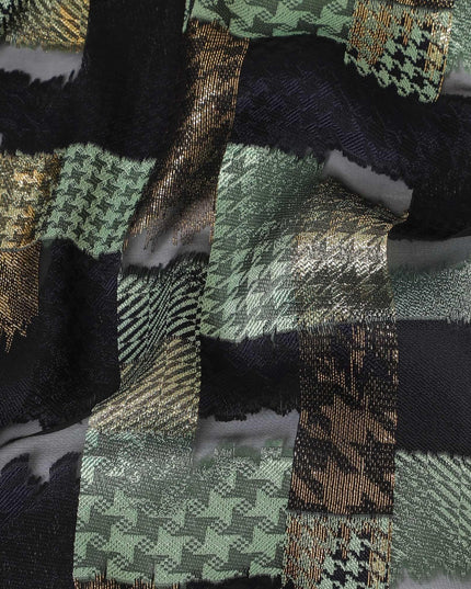Black premium pure French (Fransawi) silk chiffon fabric with same tone and sage green viscose having copper metallic lurex in checks design-D14225