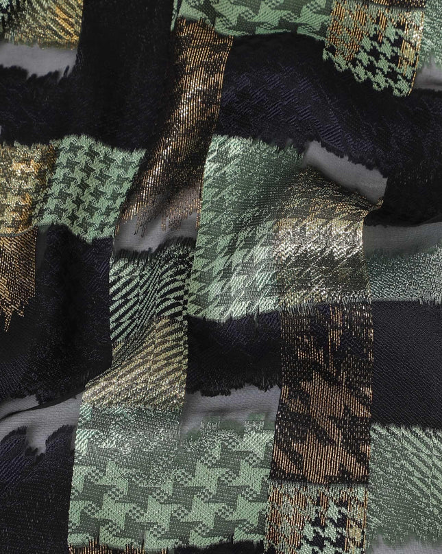 Black premium pure French (Fransawi) silk chiffon fabric with same tone and sage green viscose having copper metallic lurex in checks design-D14225