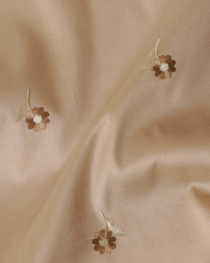 Pine brown raw silk fabric with blue & cream embroidery in floral design-11221