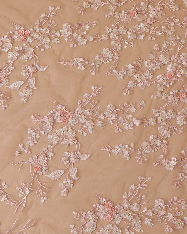 Peach Premium wedding nylon tulle fabric with same tone, beige embroidery, applique work, bead work and sequins in floral design-D7916 Regal Fabrics