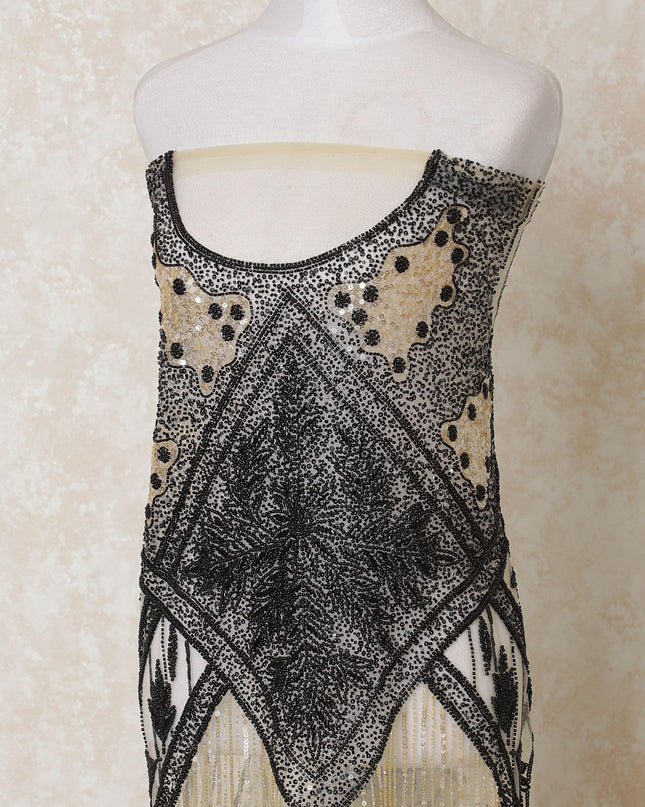 Light gold nylon tulle fabric with same tone sequin, bead work in abstract design-D14102