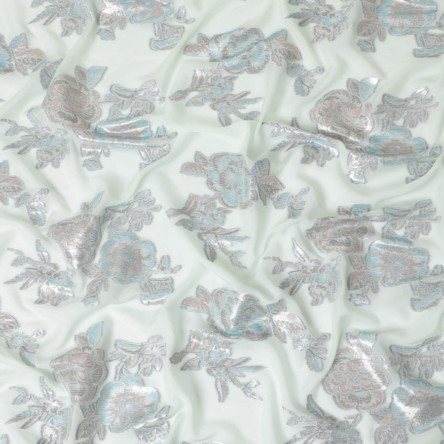 Vista green premium pure silk chiffon fabric with silver, baby blue and copper metallic lurex in floral design-D11500