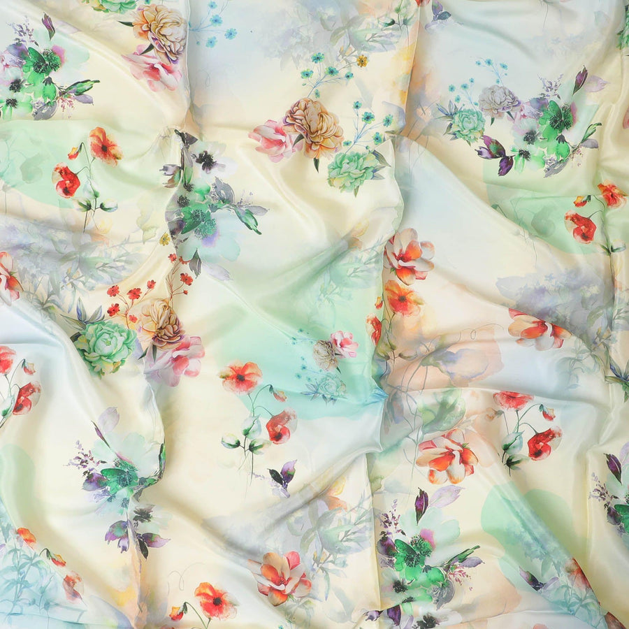 Navajo yellow synthetic crepe fabric with multicolor print in floral design-D10021