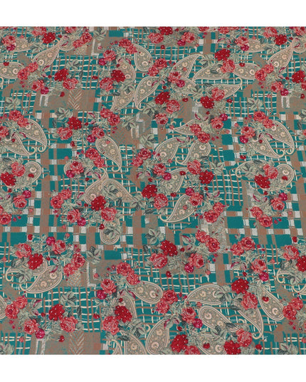 Teal green synthetic crepe fabric with multicolor print having stone work in floral design-D15293 - Regal Fabrics
