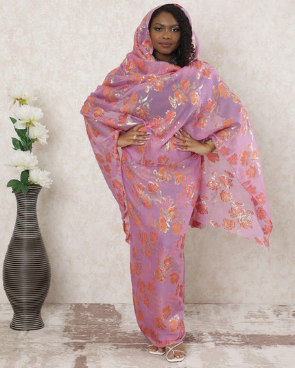 Bick pink Premium pure silk chiffon thobe with orange viscose and gold metallic lurex in floral design-D14352