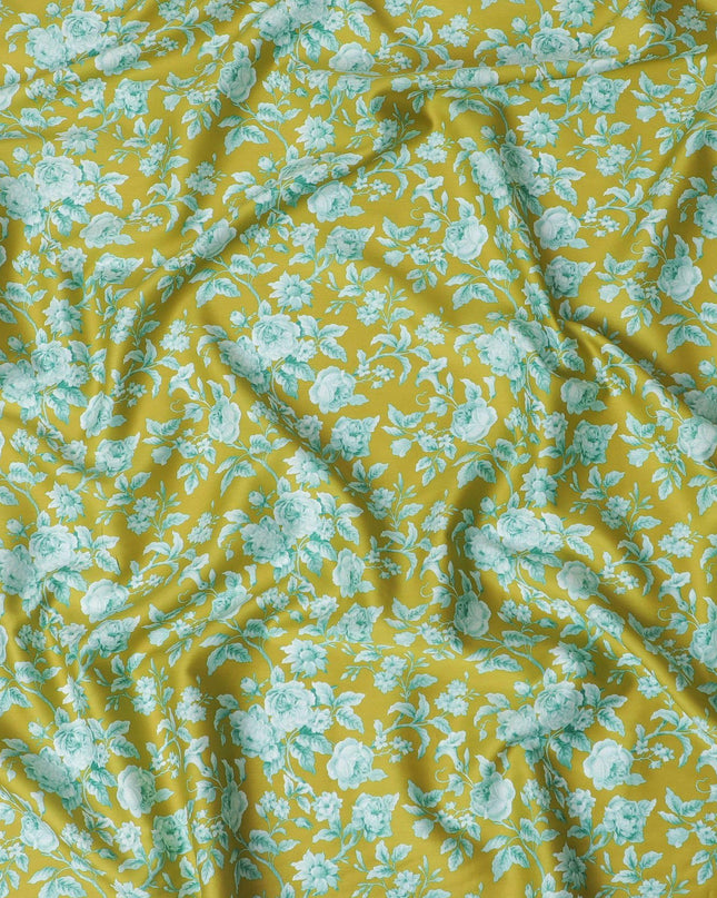 Fern green printed cotton satin with light green prints in floral design-D11271