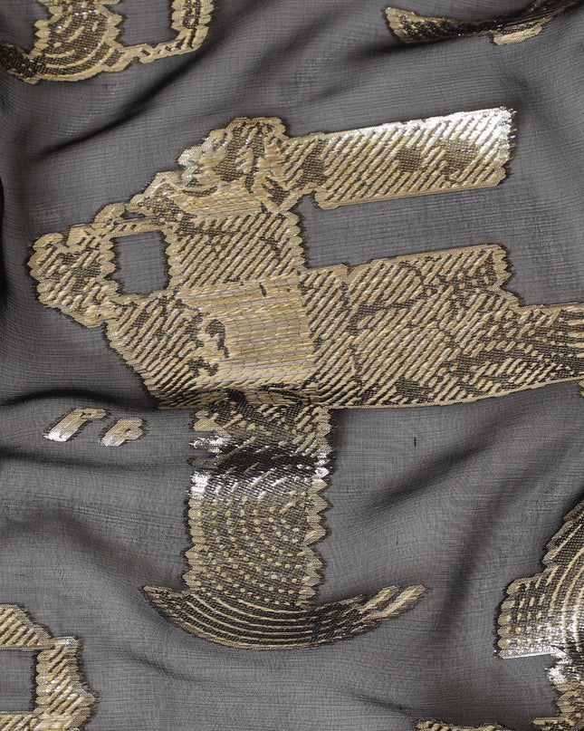 Black pure silk chiffon fabric with gold metallic lurex in fancy design-D7465