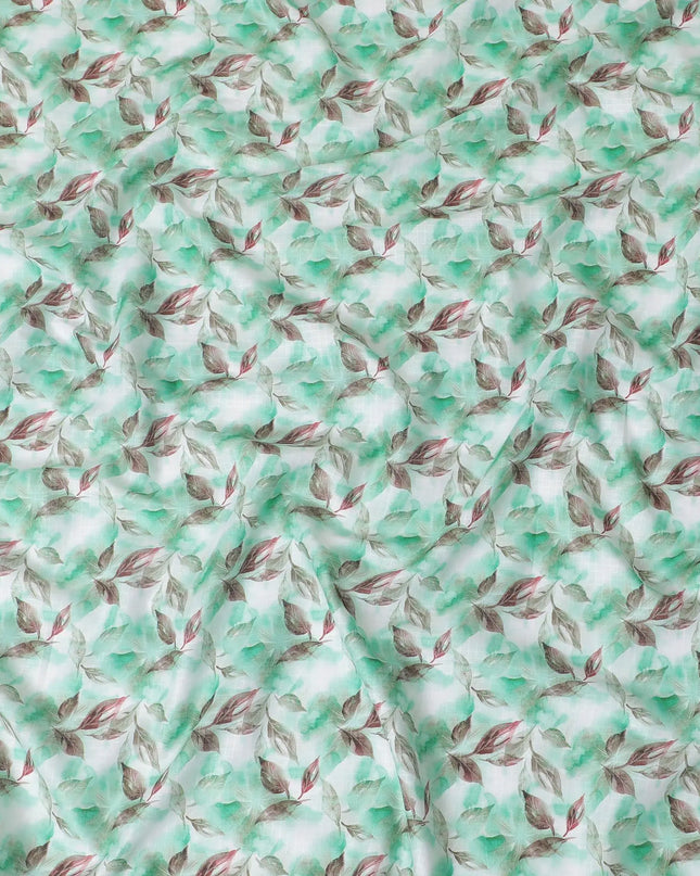 Off white cotton satin fabric with turquoise green and brown print in floral design-D15458 Regal Fabrics